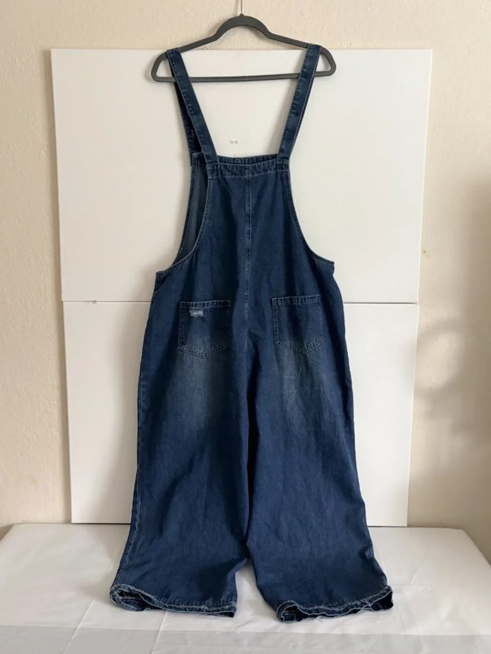 Chou Yatou Women Bib Overalls Baggy Wide Leg distressed Denim XL